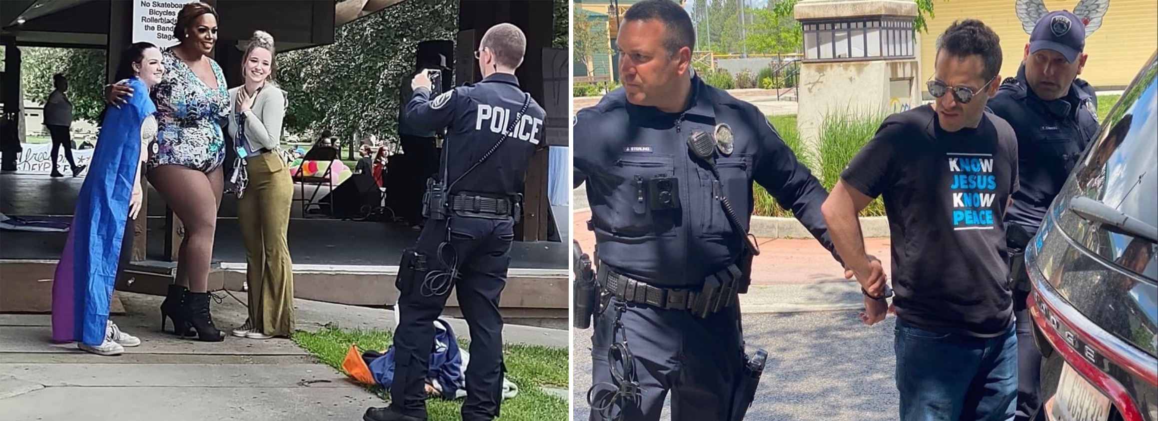 (Left) Cd’A Police Snap a Photo of a drag queen posing with a kid and a TV personality. (Right) Cd’A Police Arrest Christian Preacher.