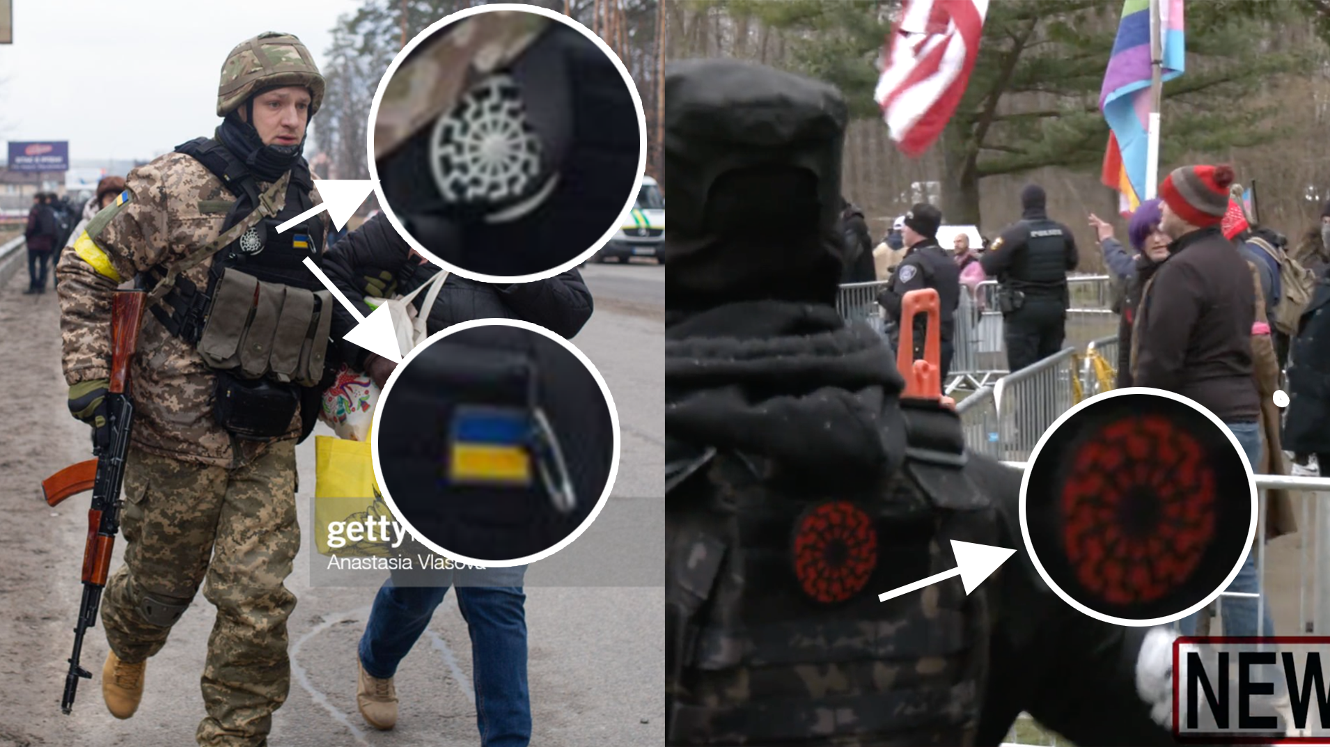 (Left) Neo-Nazi Ukranian soldier, fighting on behalf of the United States against Russia. (Right) A Neo-Nazi protesting in Ohio.